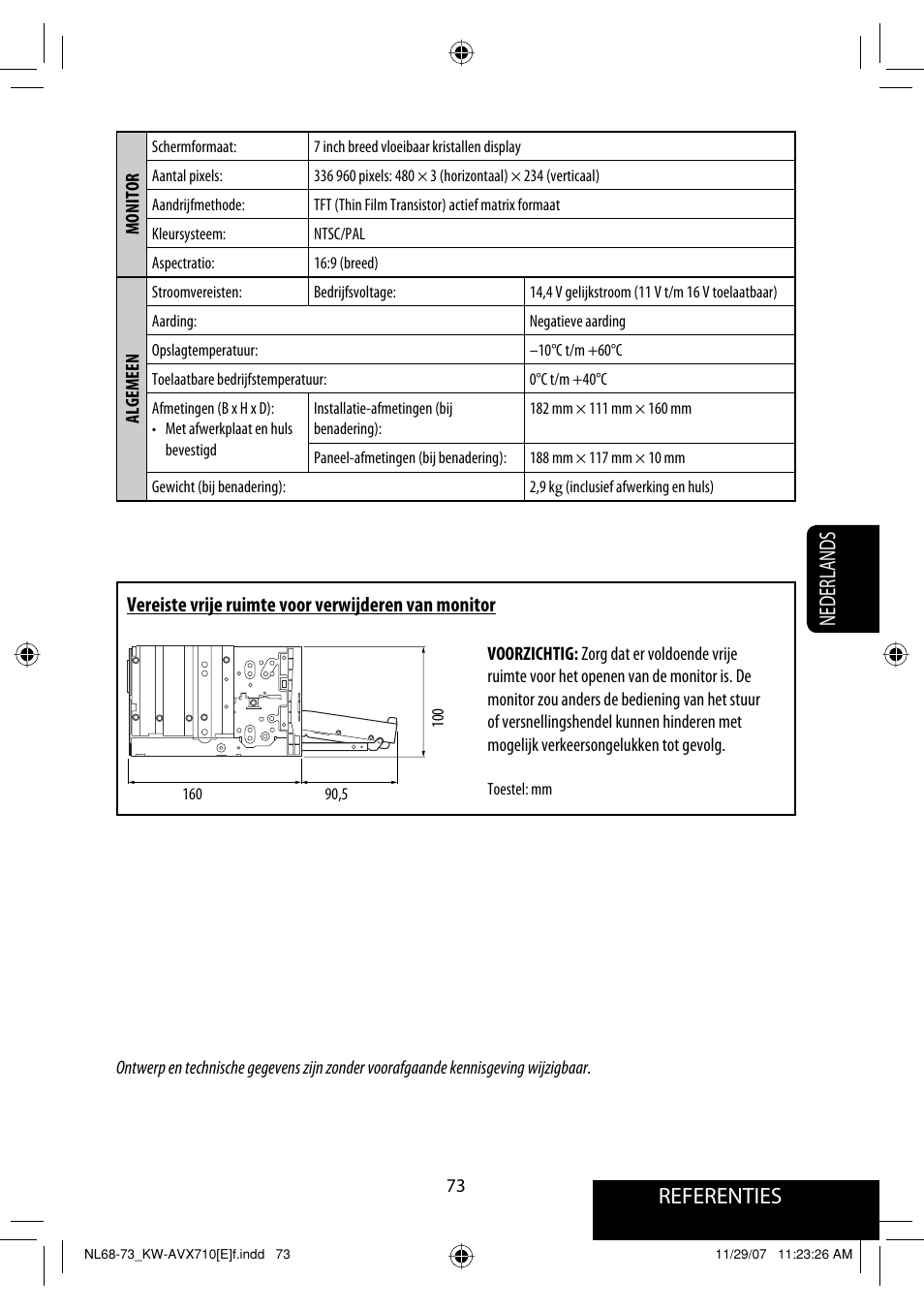 Referenties nederlands, Vereiste vrije ruimte voor verwijderen van monitor | JVC KW-AVX710  EU User Manual | Page 289 / 291