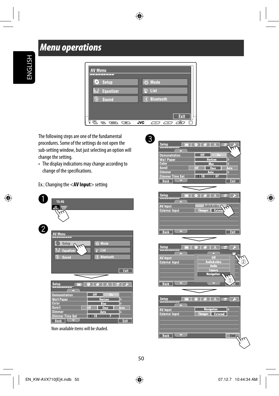 Menu operations | JVC KW-AVX710  EU User Manual | Page 50 / 291