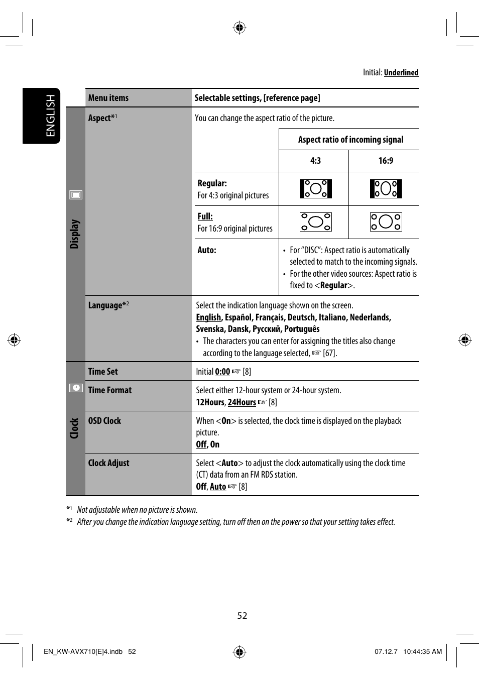 English, Display, Clock | JVC KW-AVX710  EU User Manual | Page 52 / 291