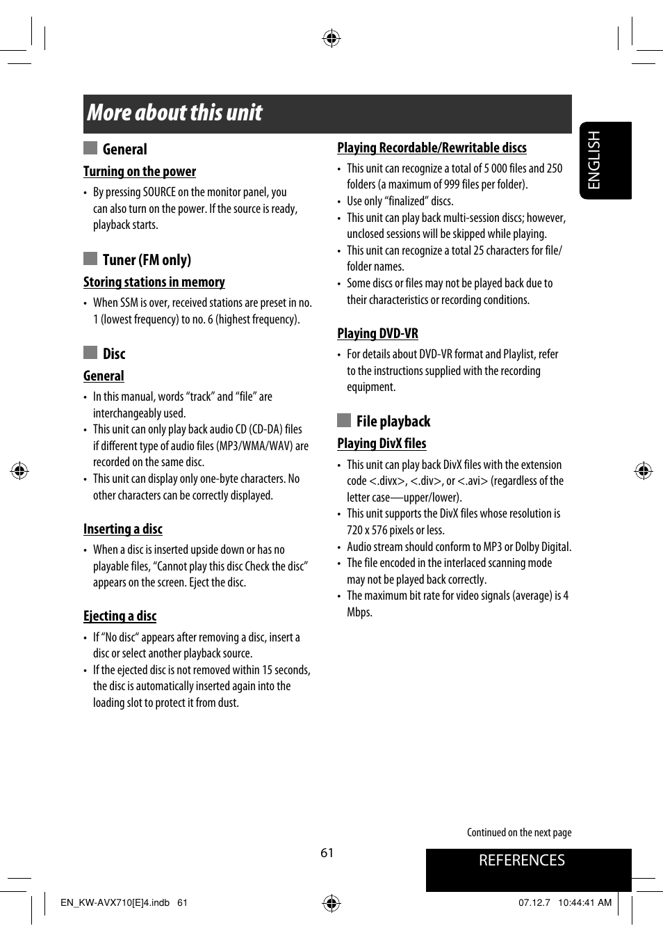 More about this unit, References english, General | Tuner (fm only), Disc, File playback | JVC KW-AVX710  EU User Manual | Page 61 / 291