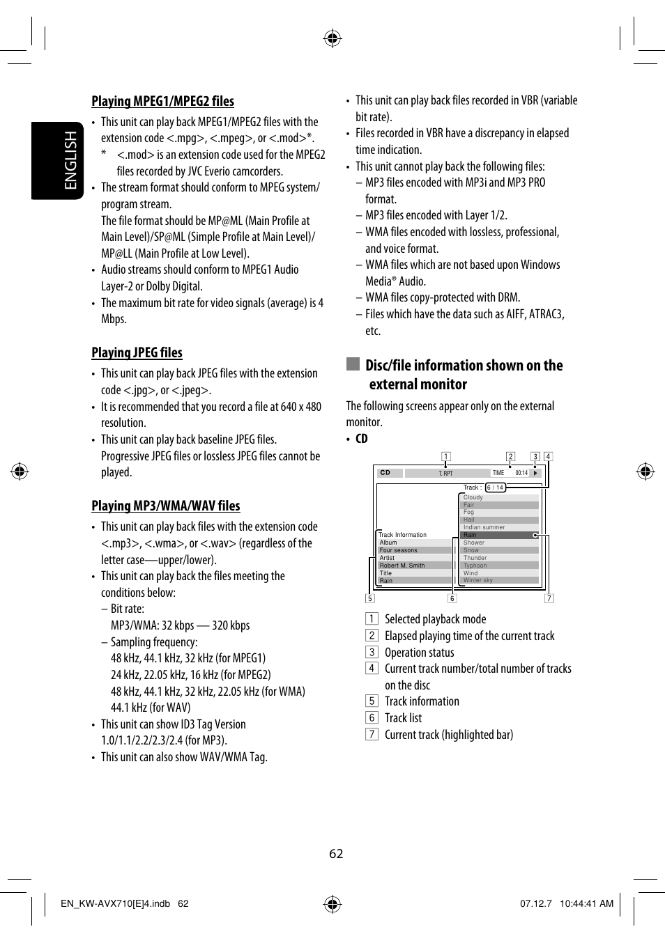 English, Playing mpeg1/mpeg2 files, Playing jpeg files | Playing mp3/wma/wav files | JVC KW-AVX710  EU User Manual | Page 62 / 291