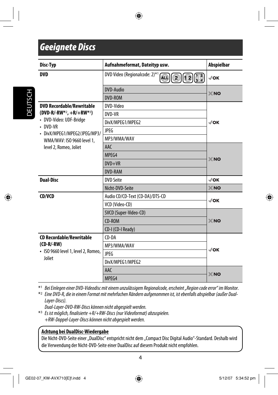 Geeignete discs, Deutsch | JVC KW-AVX710  EU User Manual | Page 76 / 291