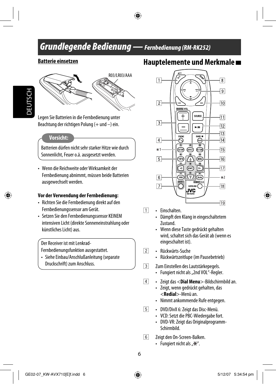 Grundlegende bedienung, Hauptelemente und merkmale, Deutsch | Fernbedienung (rm-rk252) | JVC KW-AVX710  EU User Manual | Page 78 / 291