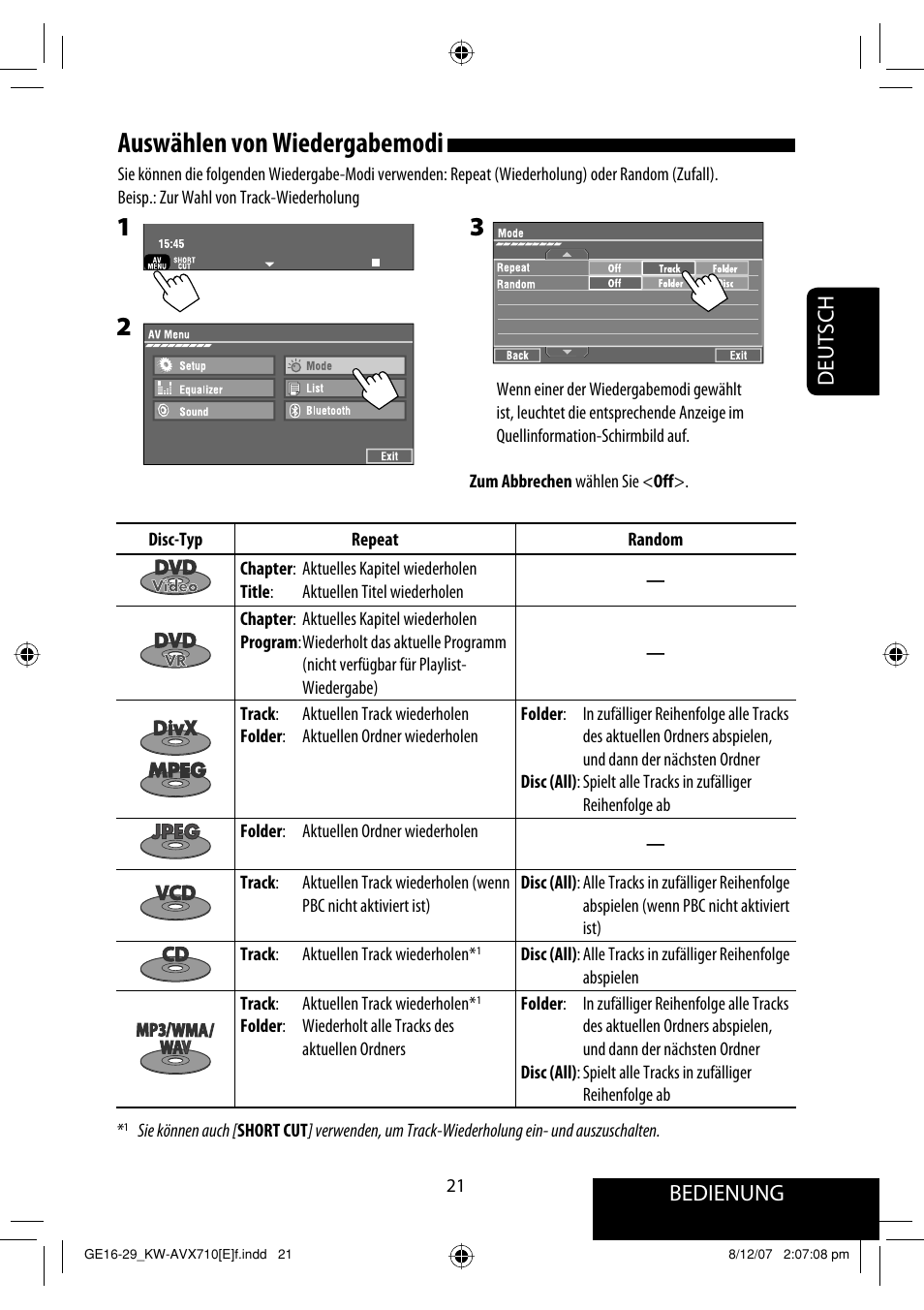 Auswählen von wiedergabemodi, Bedienung, Deutsch | JVC KW-AVX710  EU User Manual | Page 93 / 291