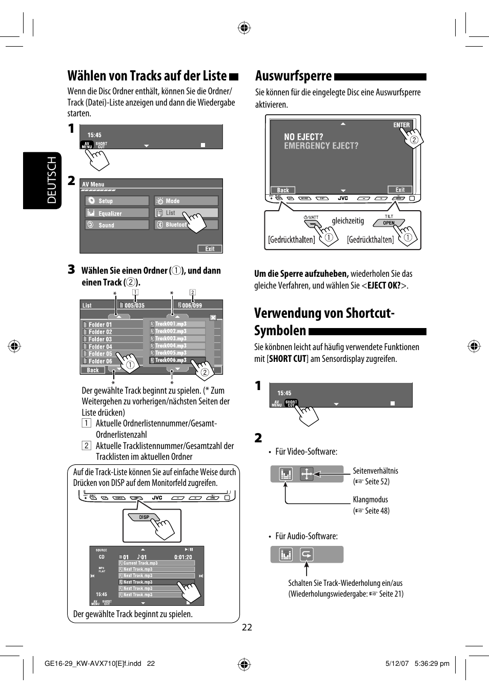 Auswurfsperre, Verwendung von shortcut- symbolen, Wählen von tracks auf der liste | JVC KW-AVX710  EU User Manual | Page 94 / 291