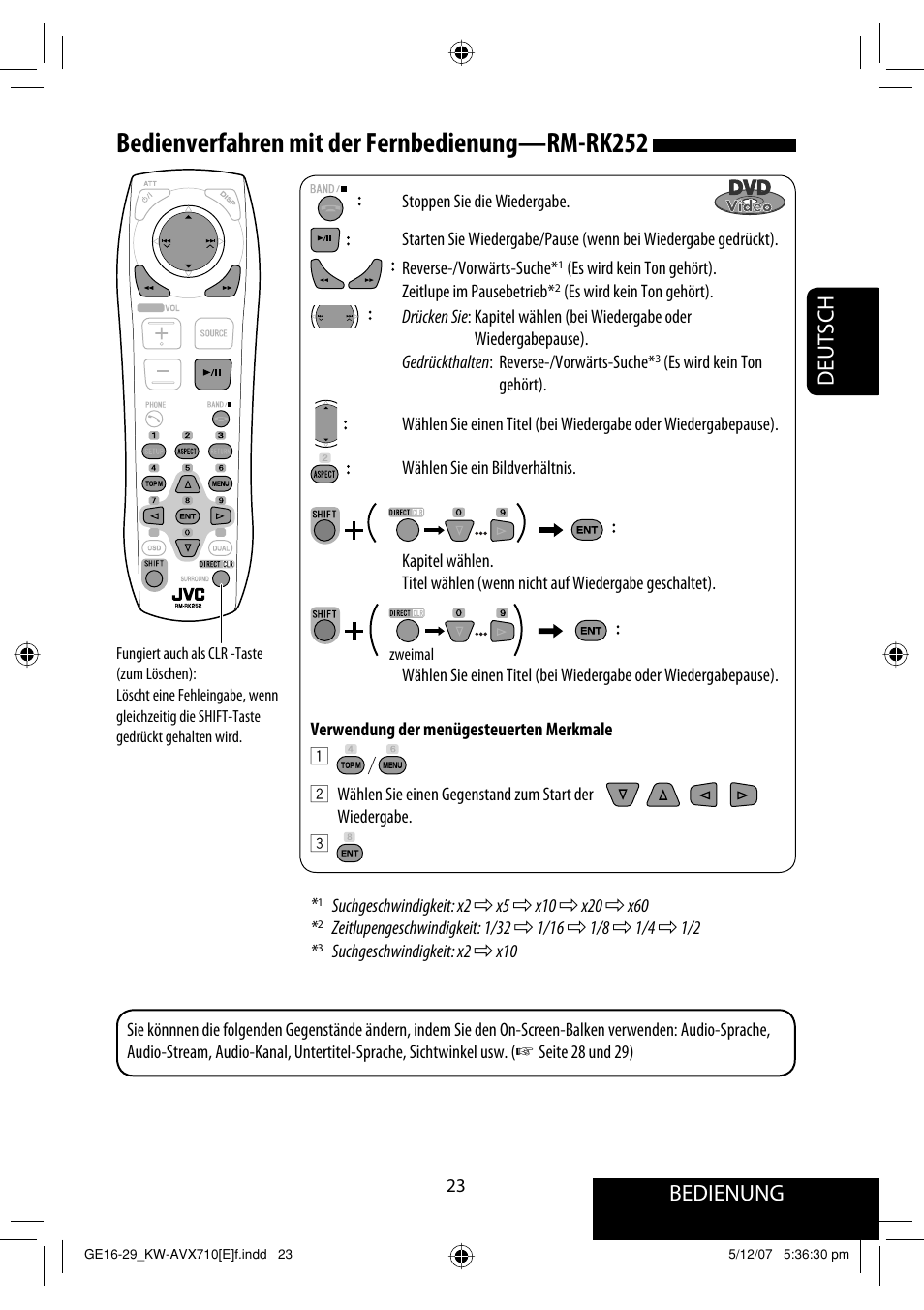 Bedienverfahren mit der fernbedienung —rm-rk252, Bedienung, Deutsch | JVC KW-AVX710  EU User Manual | Page 95 / 291