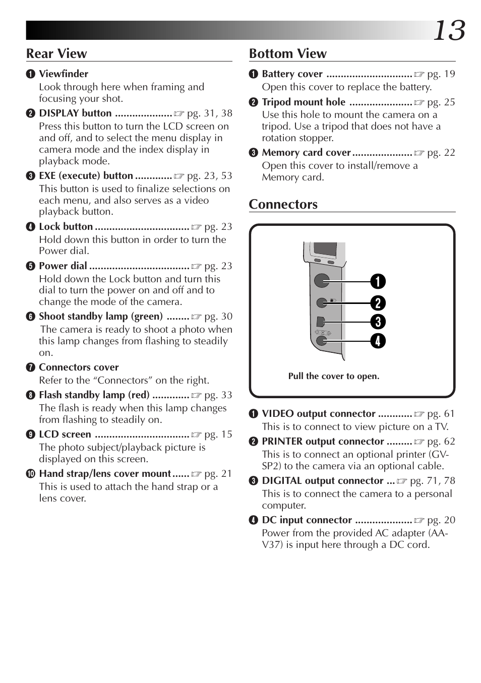 Rear view, Bottom view, Connectors | JVC GC X 3 User Manual | Page 13 / 96