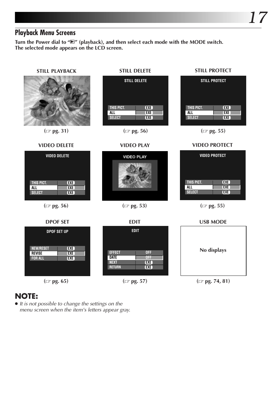 Playback menu screens | JVC GC X 3 User Manual | Page 17 / 96