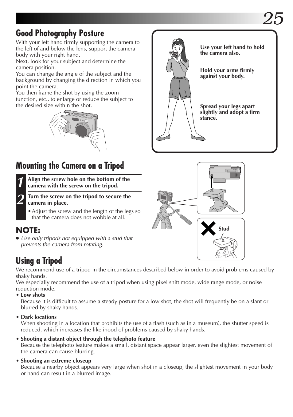 Good photography posture, Using a tripod, Mounting the camera on a tripod | JVC GC X 3 User Manual | Page 25 / 96