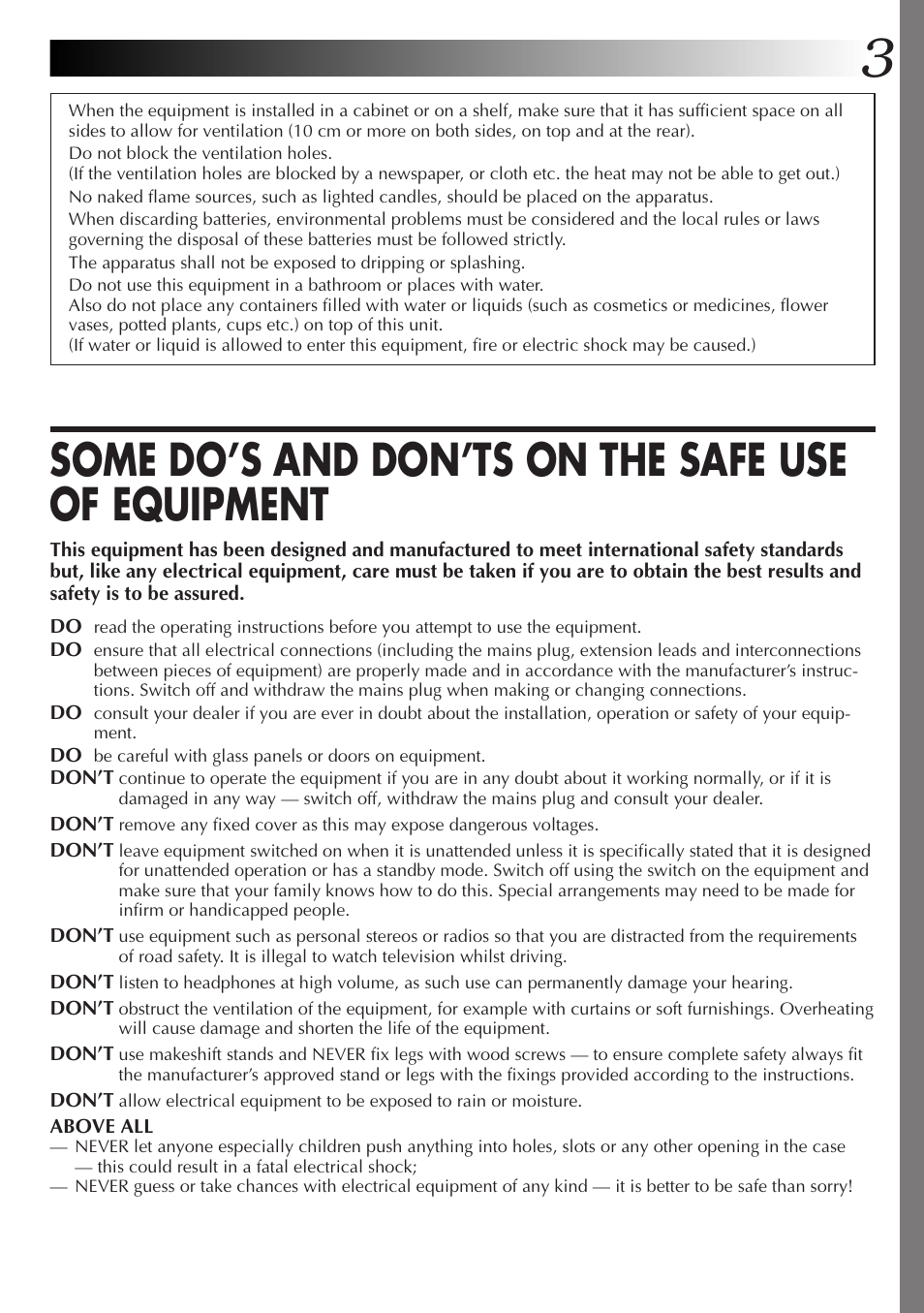 Some do’s and don’ts on the safe use of equipment | JVC GC X 3 User Manual | Page 3 / 96