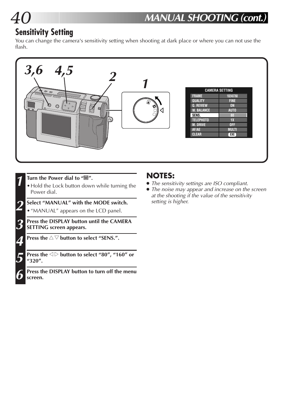 Manual shooting (cont.), Sensitivity setting | JVC GC X 3 User Manual | Page 40 / 96