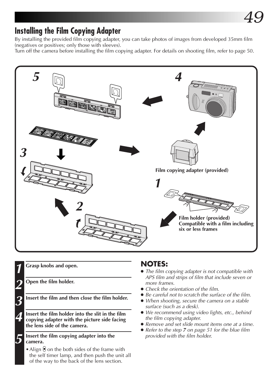 Installing the film copying adapter | JVC GC X 3 User Manual | Page 49 / 96