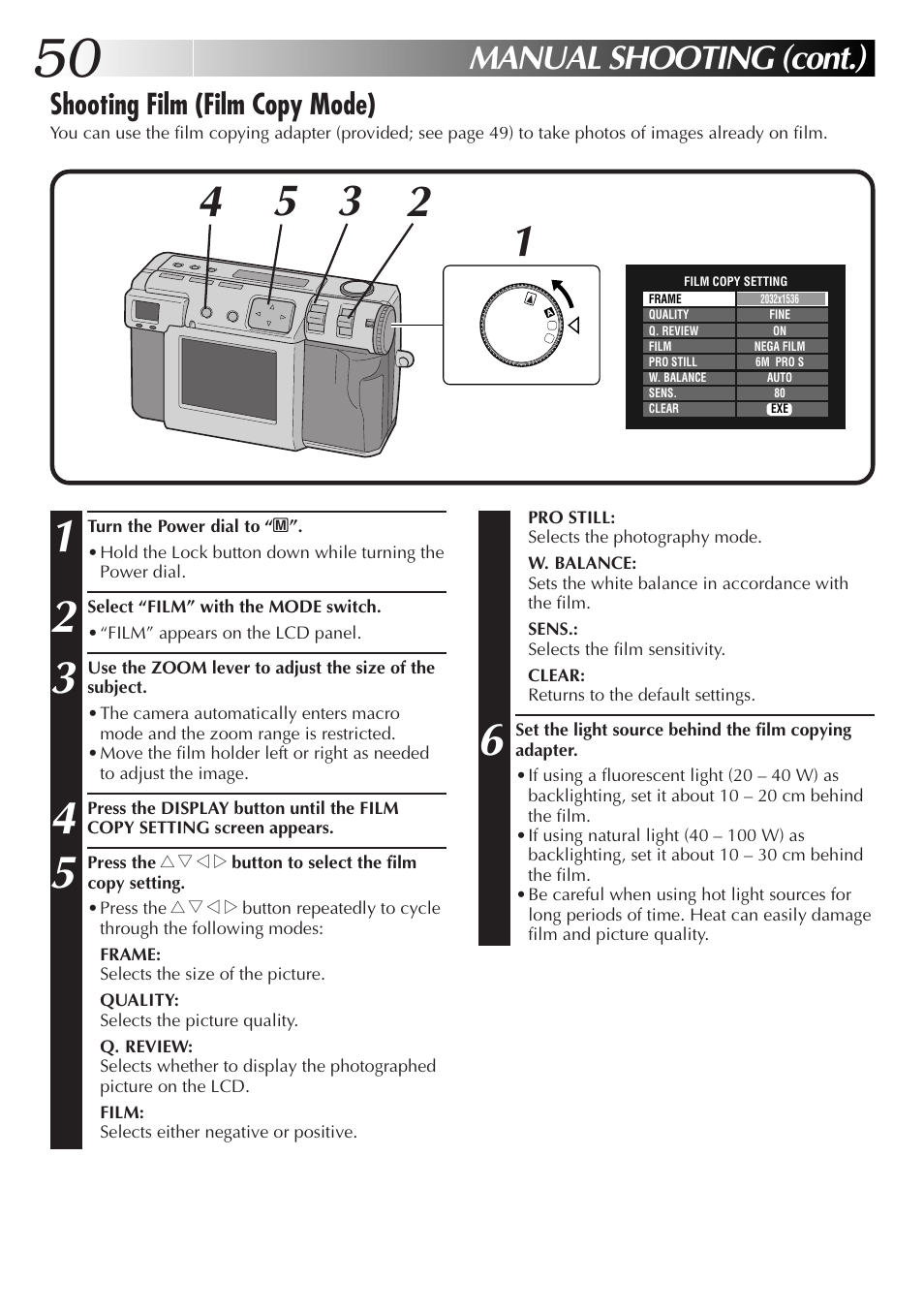 Manual shooting (cont.), Shooting film (film copy mode) | JVC GC X 3 User Manual | Page 50 / 96