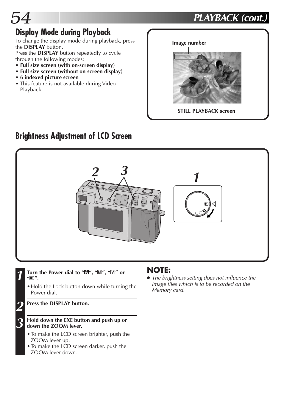 Playback (cont.), Display mode during playback, Brightness adjustment of lcd screen | JVC GC X 3 User Manual | Page 54 / 96