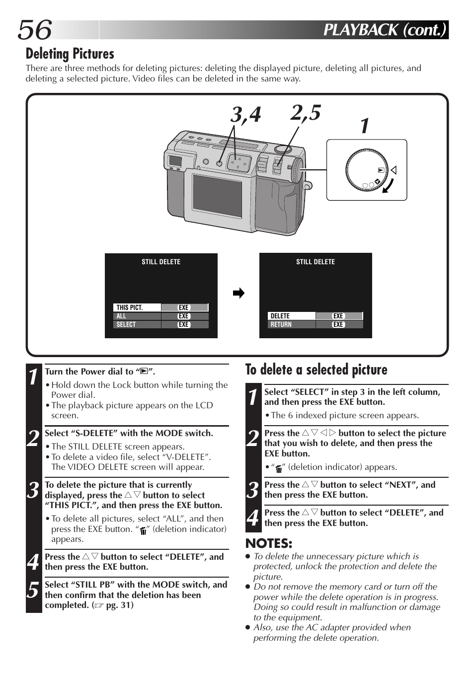 Playback (cont.), Deleting pictures | JVC GC X 3 User Manual | Page 56 / 96