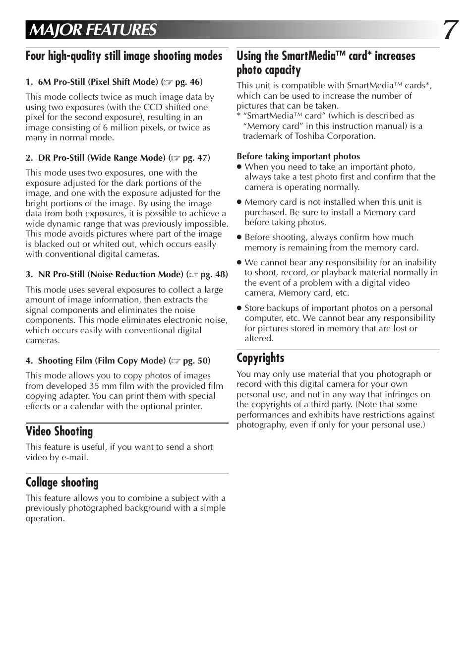 Major features, Four high-quality still image shooting modes, Video shooting | Collage shooting, Copyrights | JVC GC X 3 User Manual | Page 7 / 96