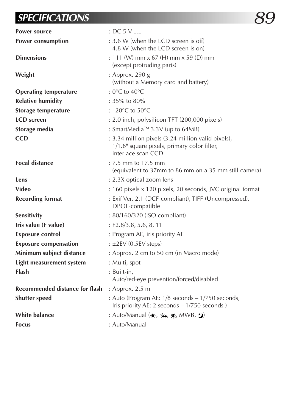 Specifications | JVC GC X 3 User Manual | Page 89 / 96