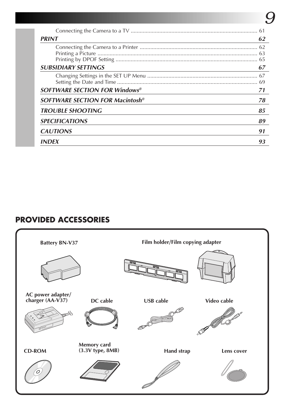 Provided accessories | JVC GC X 3 User Manual | Page 9 / 96