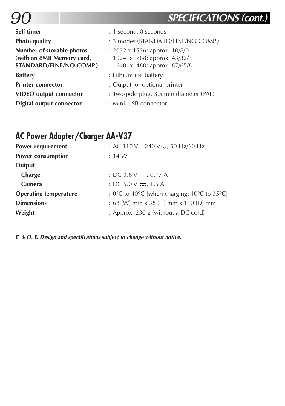 Specifications (cont.), Ac power adapter/charger aa-v37 | JVC GC X 3 User Manual | Page 90 / 96