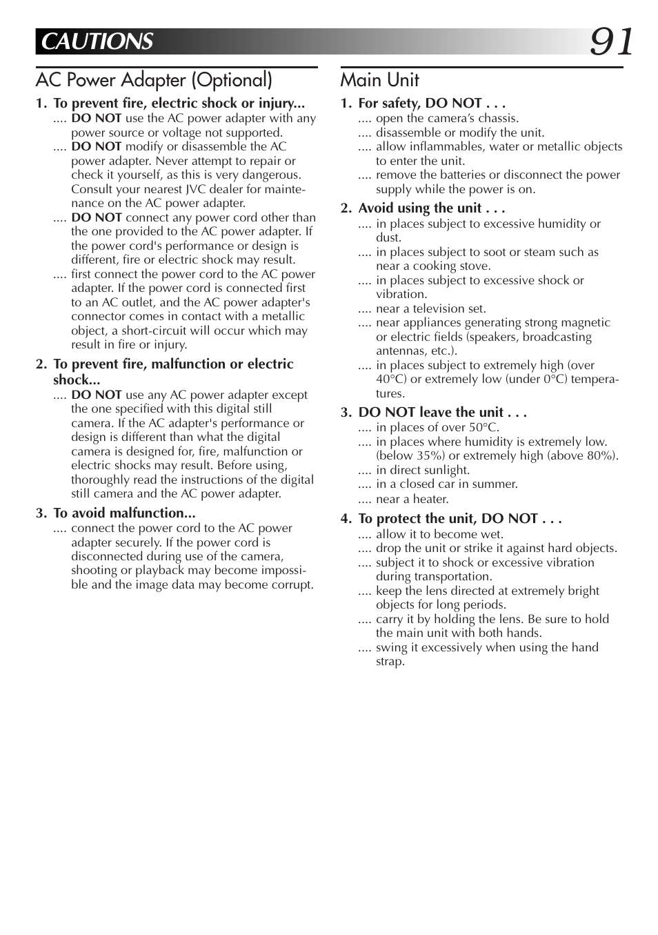 Cautions, Ac power adapter (optional), Main unit | JVC GC X 3 User Manual | Page 91 / 96