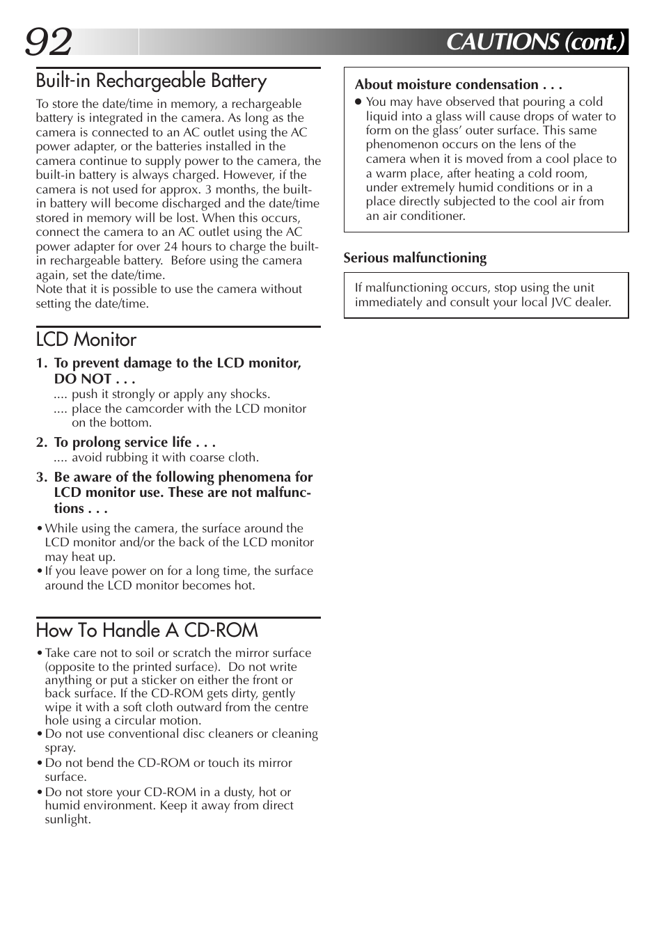 Cautions (cont.), Built-in rechargeable battery, Lcd monitor | How to handle a cd-rom | JVC GC X 3 User Manual | Page 92 / 96