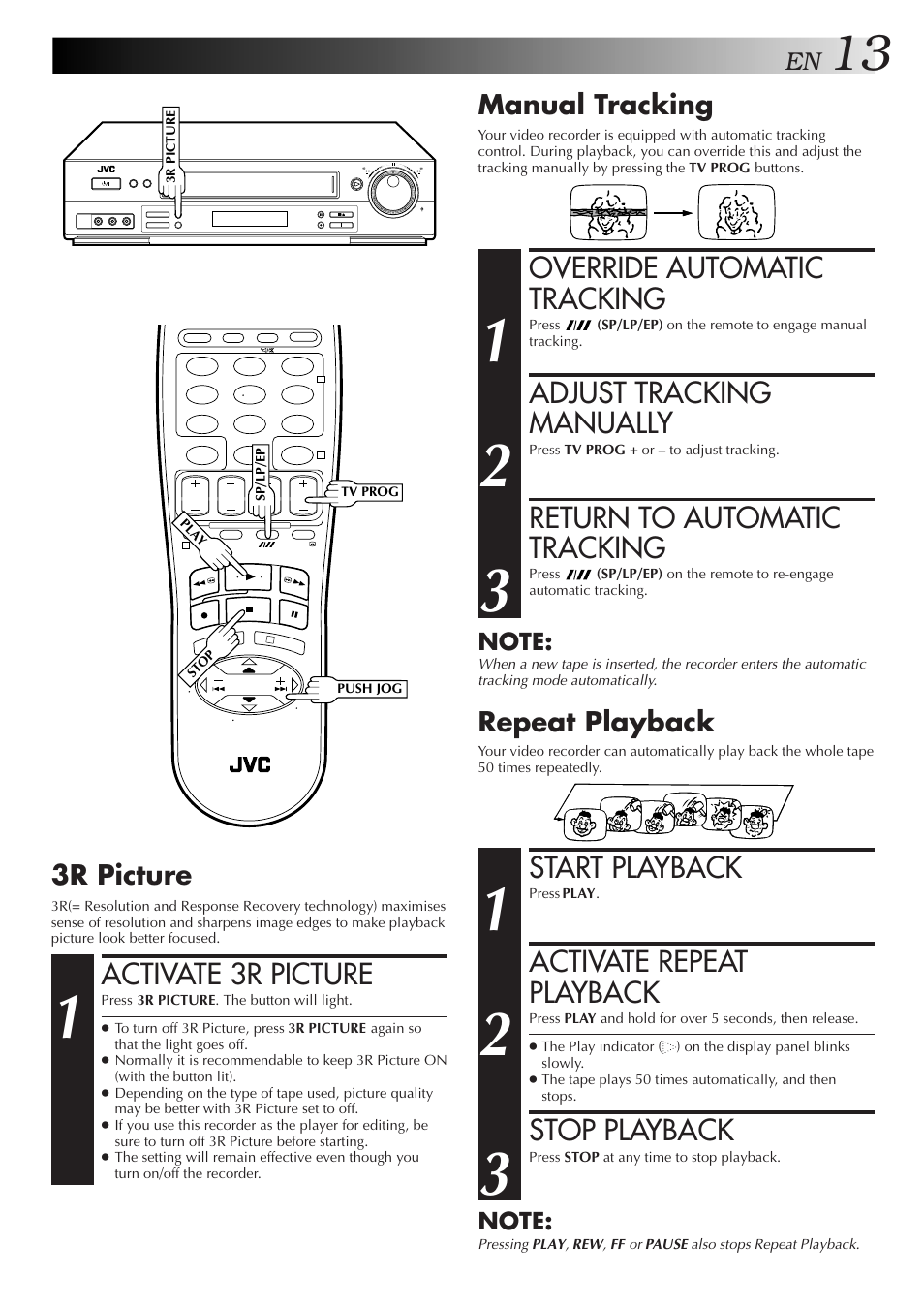 Override automatic tracking, Adjust tracking manually, Return to automatic tracking | Start playback, Activate repeat playback, Stop playback, Activate 3r picture, Manual tracking, Repeat playback, 3r picture | JVC HR-DD857MS User Manual | Page 13 / 56