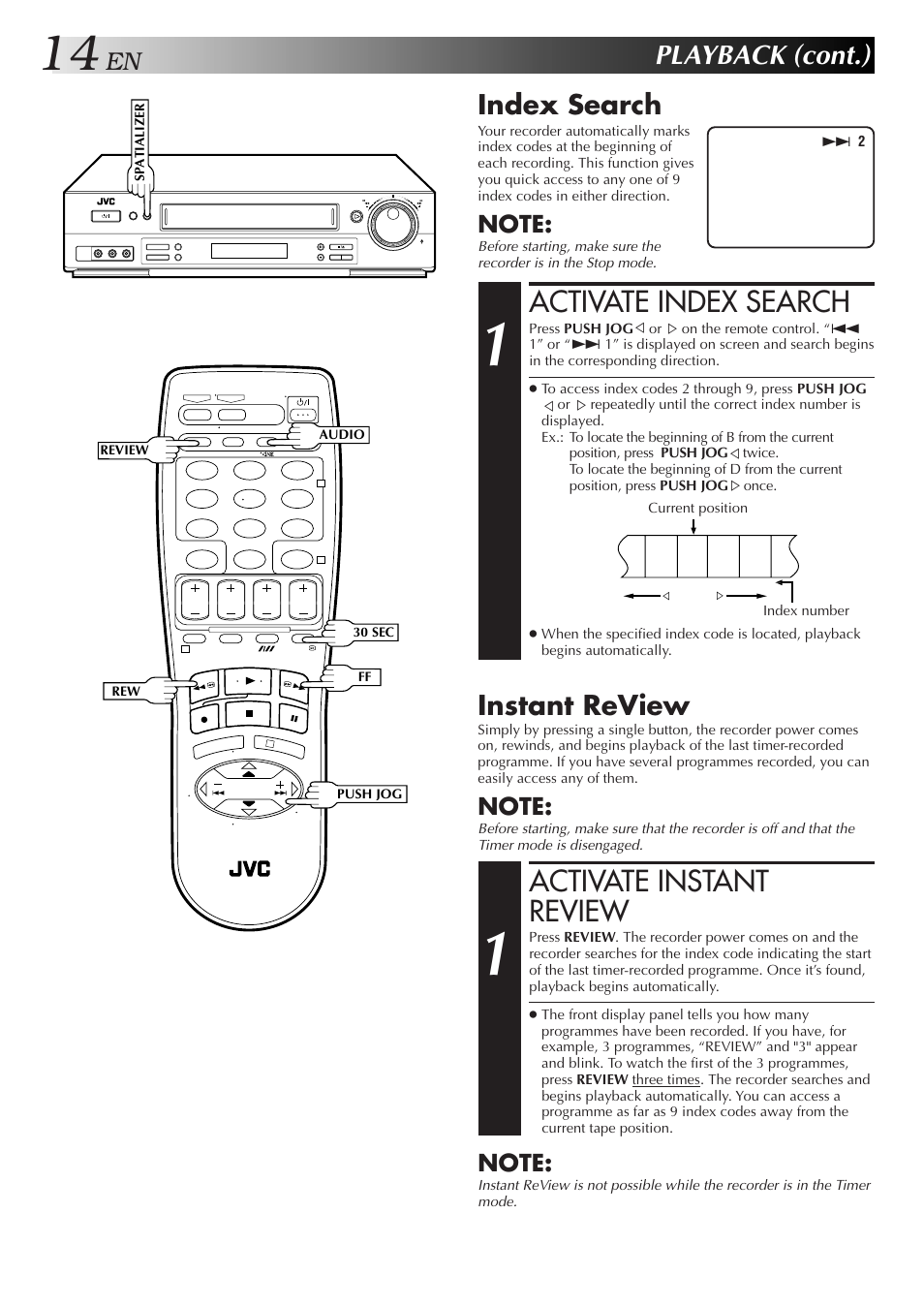 Activate index search, Activate instant review, Playback (cont.) | Index search, Instant review | JVC HR-DD857MS User Manual | Page 14 / 56