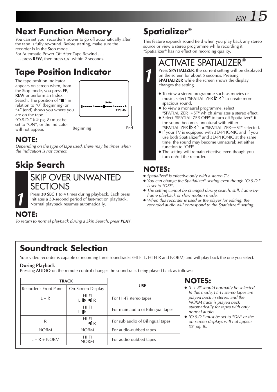 Activate spatializer, Tape position indicator, Skip search soundtrack selection | Spatializer | JVC HR-DD857MS User Manual | Page 15 / 56
