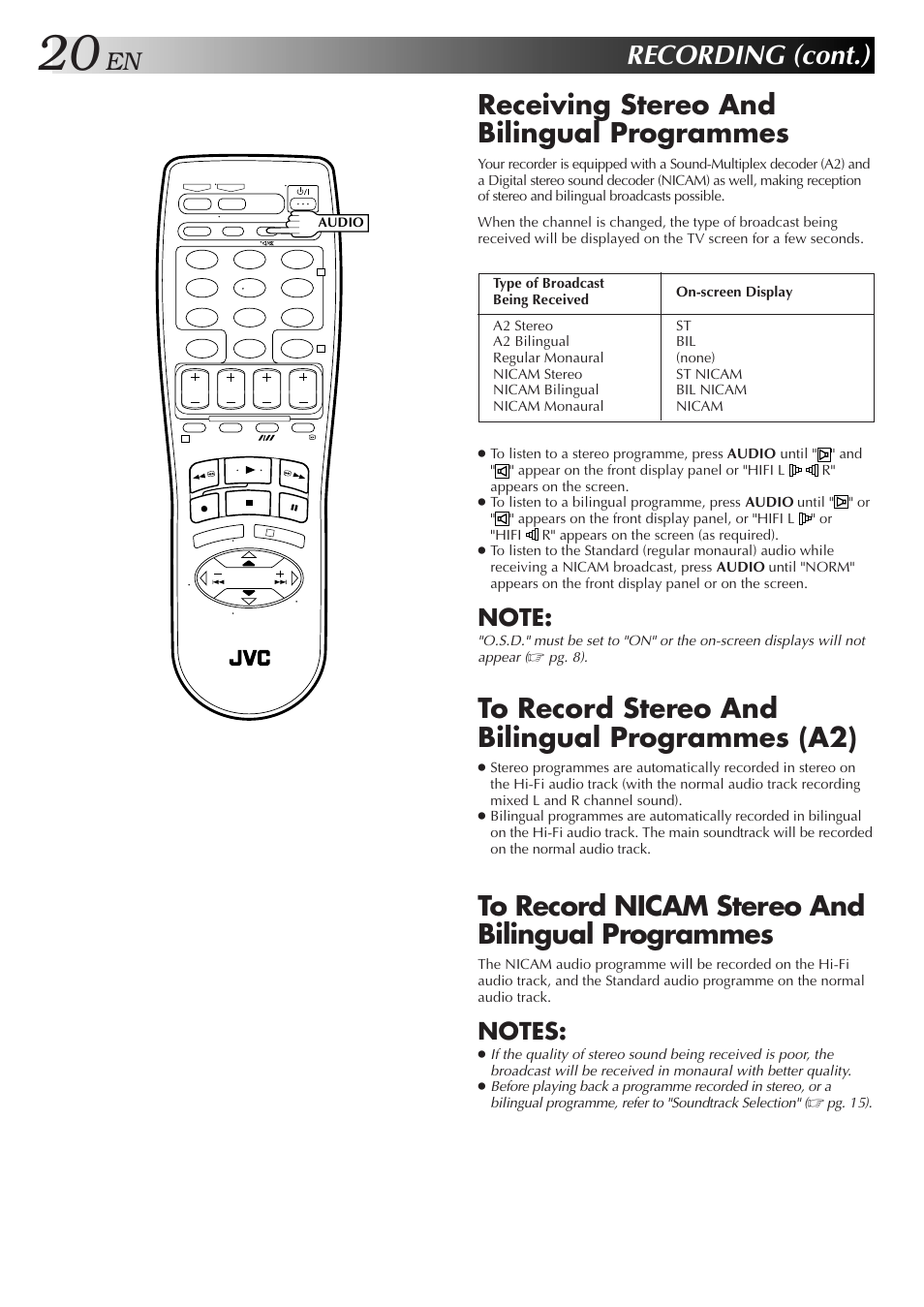 Recording (cont.), Receiving stereo and bilingual programmes | JVC HR-DD857MS User Manual | Page 20 / 56