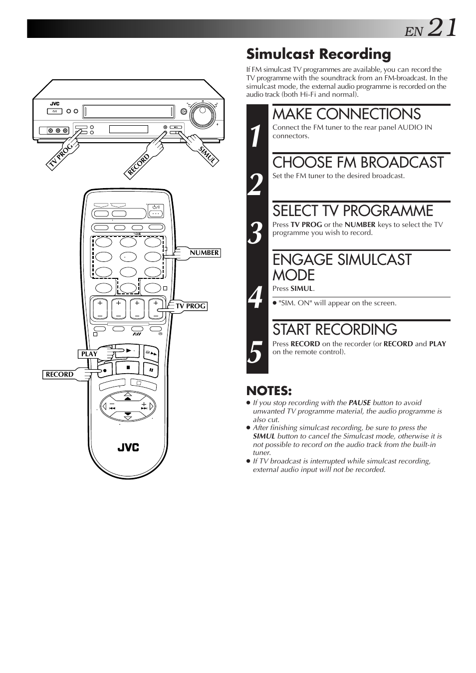 Make connections, Choose fm broadcast, Select tv programme | Engage simulcast mode, Start recording, Simulcast recording | JVC HR-DD857MS User Manual | Page 21 / 56