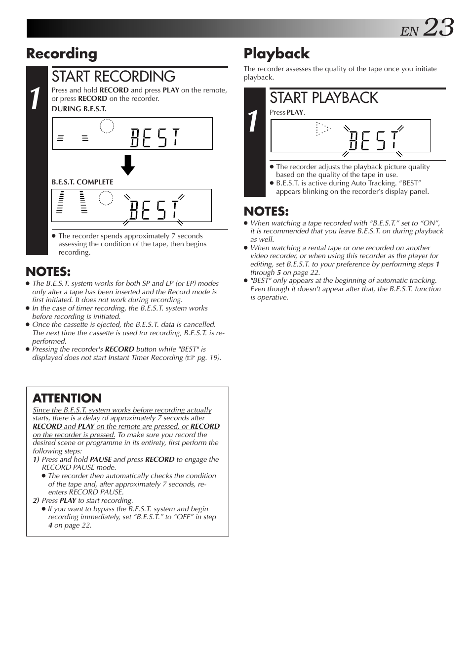 Start recording, Start playback, Recording | Playback, Attention | JVC HR-DD857MS User Manual | Page 23 / 56