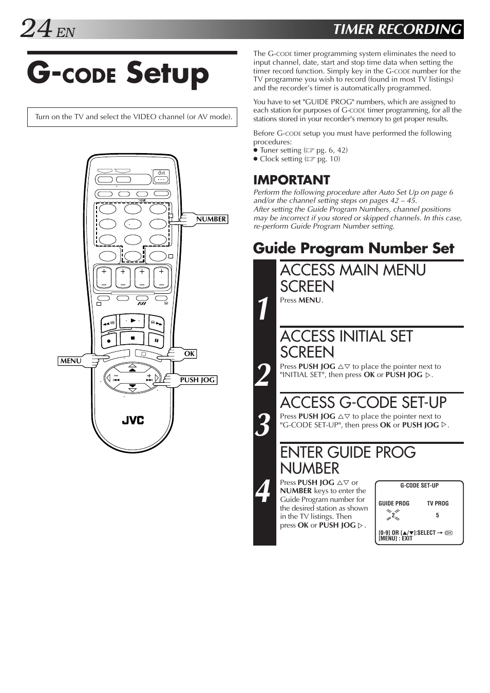 Setup, Code, Access main menu screen | Access initial set screen, Access g-code set-up, Enter guide prog number, Timer recording, Guide program number set, Important | JVC HR-DD857MS User Manual | Page 24 / 56