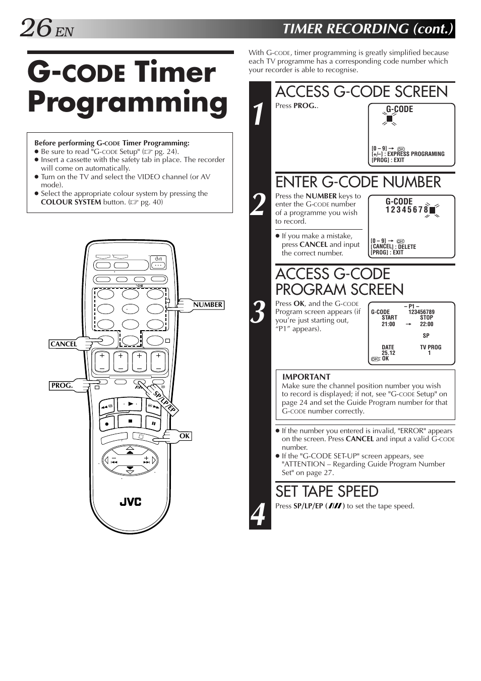 Timer programming, Code, Access g-code screen | Enter g-code number, Access g-code program screen, Set tape speed, Timer recording (cont.) | JVC HR-DD857MS User Manual | Page 26 / 56