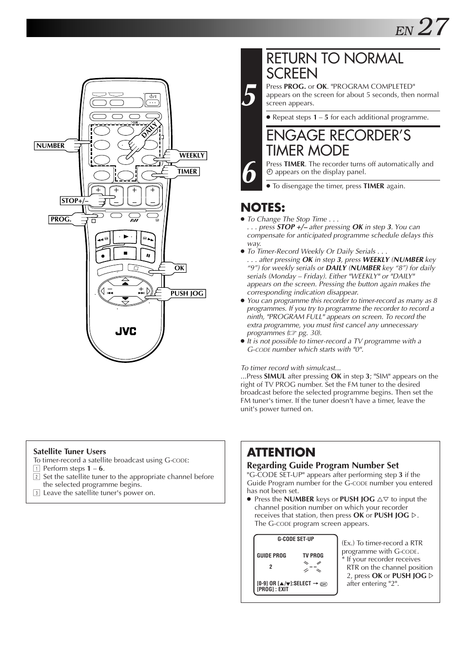Return to normal screen, Engage recorder’s timer mode, Attention | JVC HR-DD857MS User Manual | Page 27 / 56