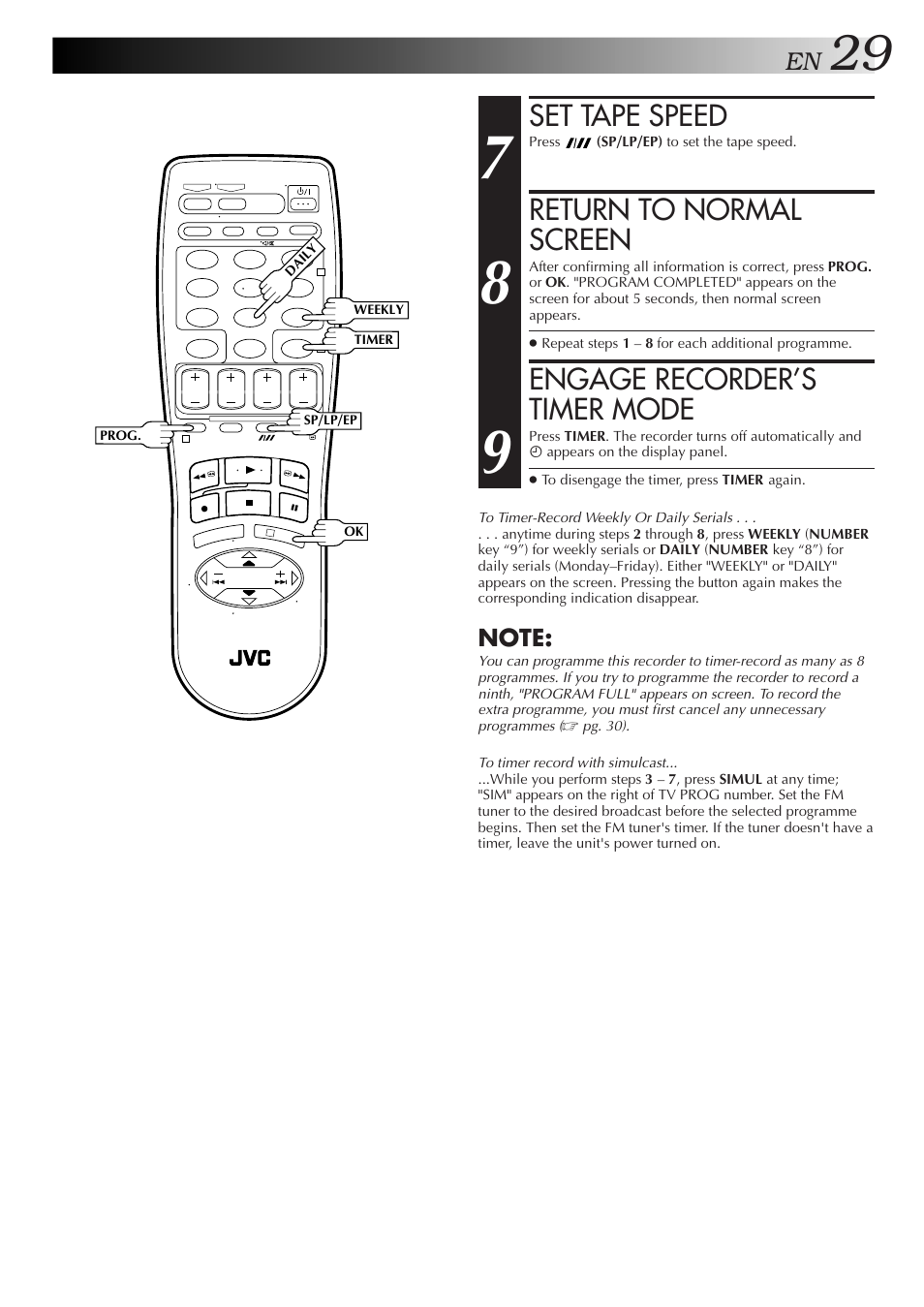 Set tape speed, Return to normal screen, Engage recorder’s timer mode | JVC HR-DD857MS User Manual | Page 29 / 56