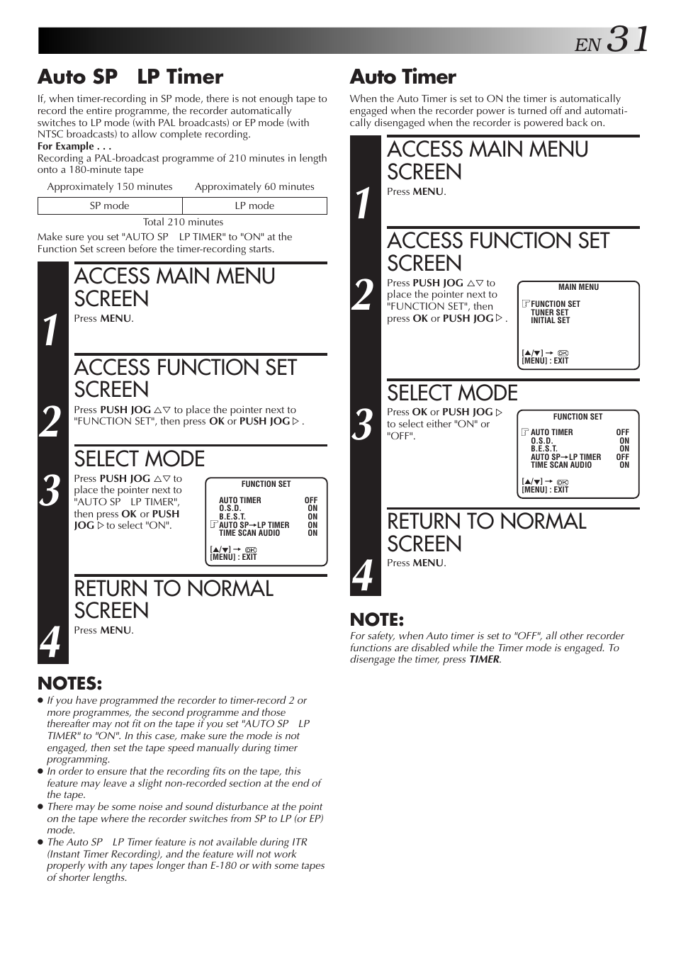 Access main menu screen, Access function set screen, Select mode | Return to normal screen, Auto timer, Auto sp → lp timer | JVC HR-DD857MS User Manual | Page 31 / 56