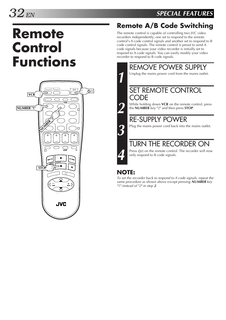 Remote control functions, Remove power supply, Set remote control code | Re-supply power, Turn the recorder on | JVC HR-DD857MS User Manual | Page 32 / 56