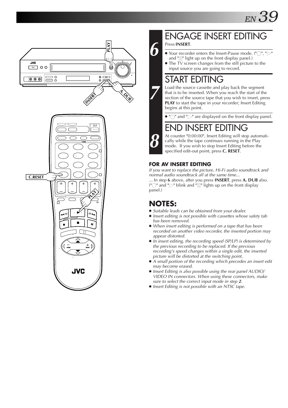 Engage insert editing, Start editing, End insert editing | JVC HR-DD857MS User Manual | Page 39 / 56