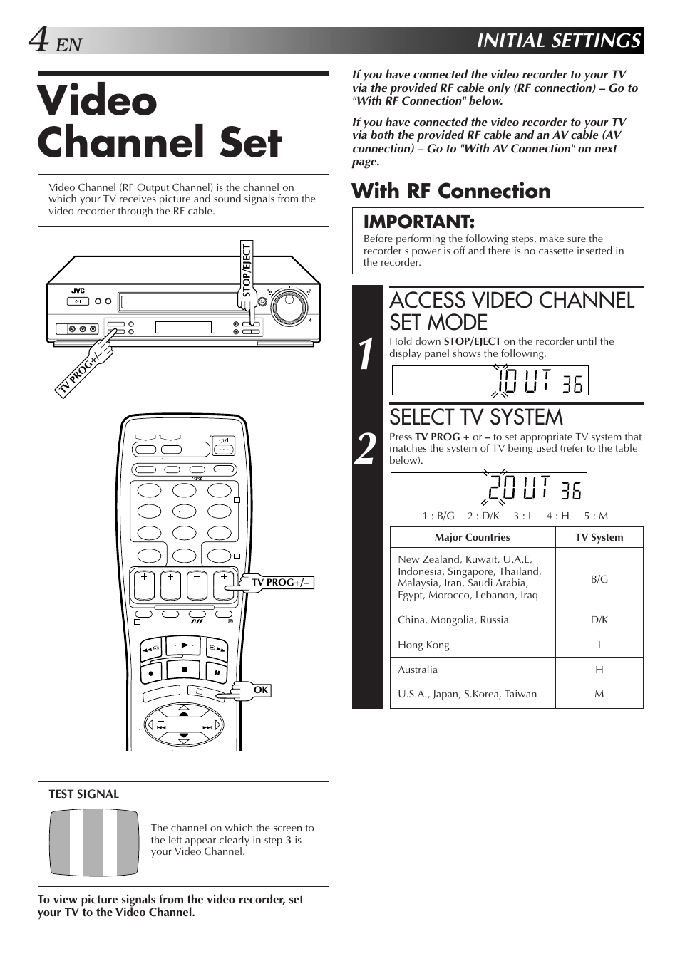 Video channel set, Access video channel set mode, Select tv system | Initial settings, With rf connection, Important | JVC HR-DD857MS User Manual | Page 4 / 56