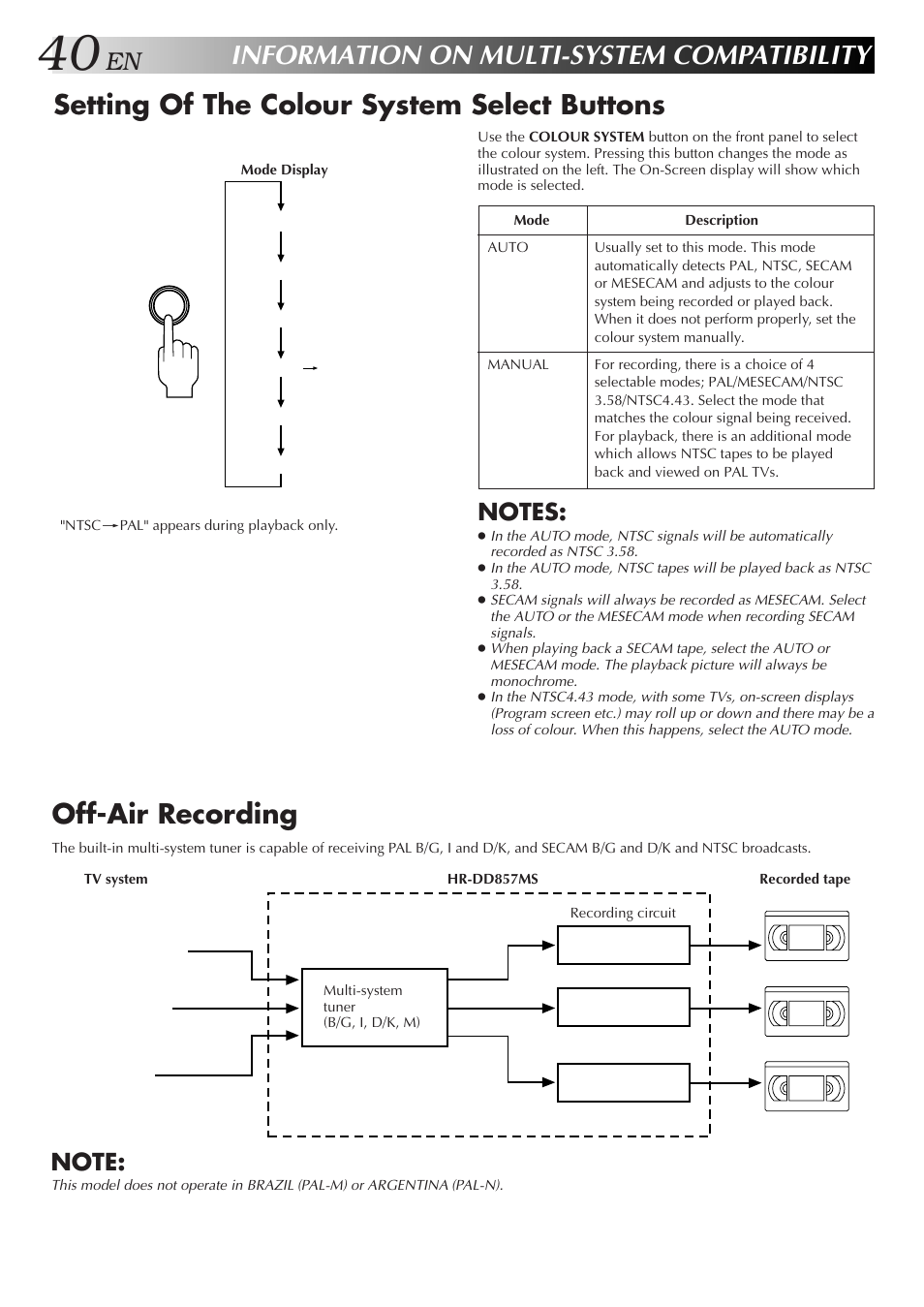 Information on multi-system compatibility, Setting of the colour system select buttons, Off-air recording | JVC HR-DD857MS User Manual | Page 40 / 56