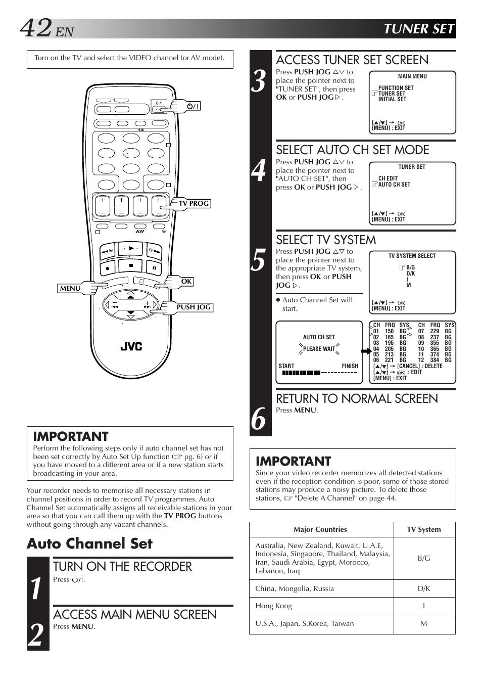 Tuner set, Auto channel set, Access tuner set screen | Select auto ch set mode, Select tv system, Return to normal screen, Important, Turn on the recorder, Access main menu screen | JVC HR-DD857MS User Manual | Page 42 / 56