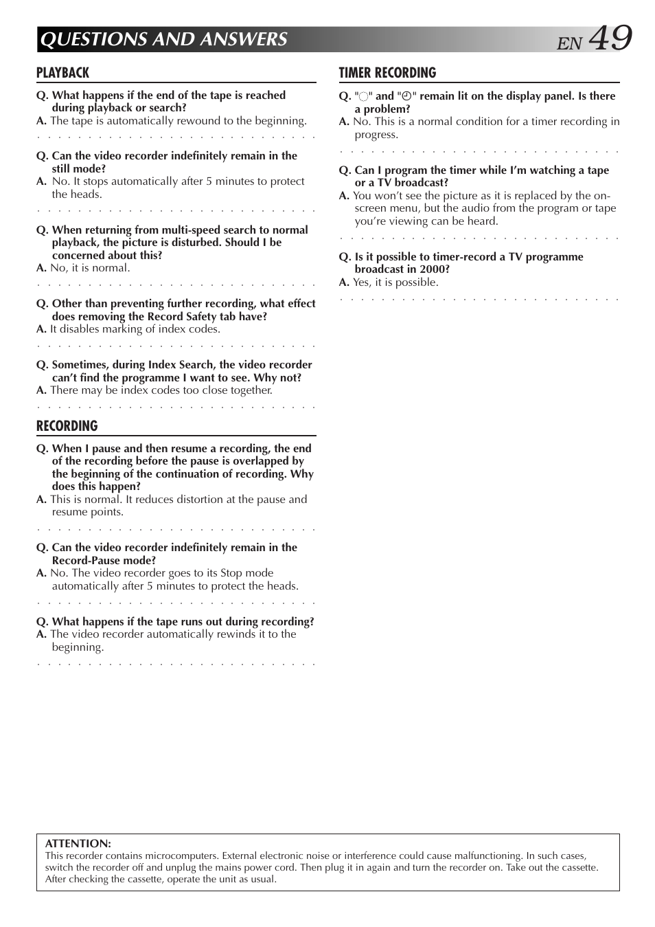 Questions and answers, Playback, Recording | Timer recording | JVC HR-DD857MS User Manual | Page 49 / 56