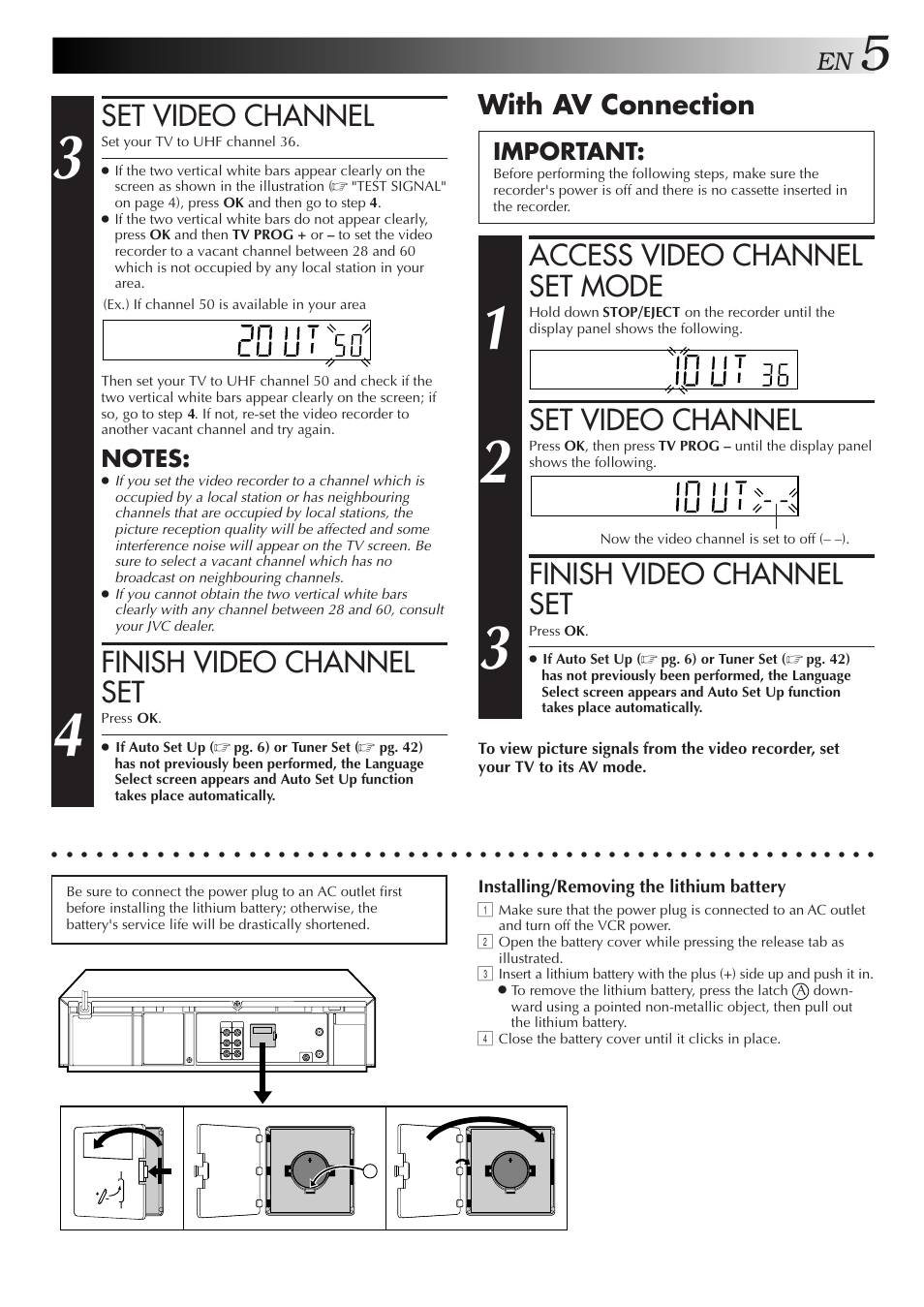 Set video channel, Finish video channel set, Access video channel set mode | With av connection, Important, Installing/removing the lithium battery | JVC HR-DD857MS User Manual | Page 5 / 56