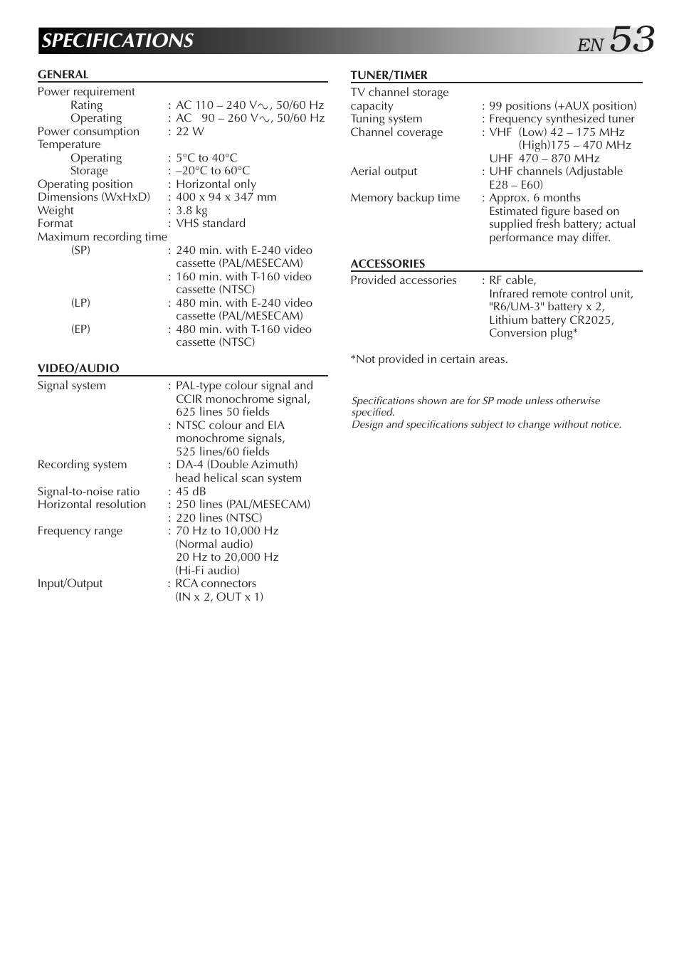 Specifications | JVC HR-DD857MS User Manual | Page 53 / 56