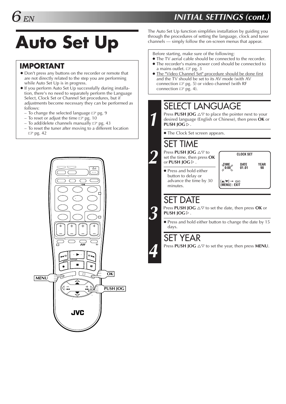 Auto set up, Select language, Set time | Set date, Set year, Initial settings (cont.), Important | JVC HR-DD857MS User Manual | Page 6 / 56