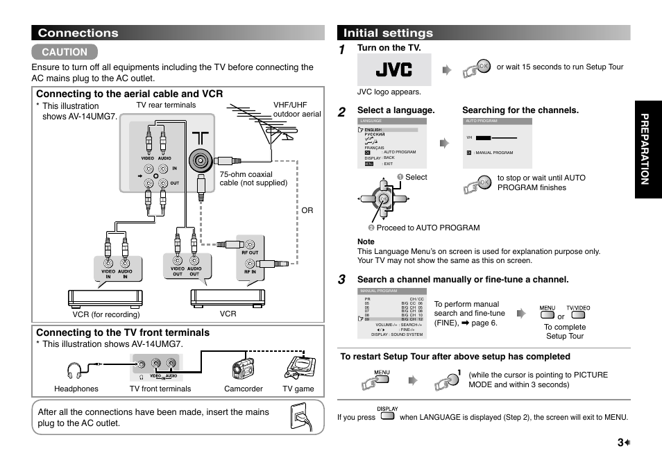 Connections, Initial settings, Connections initial settings | Prep ara tion, Connecting to the aerial cable and vcr, Connecting to the tv front terminals, Caution | JVC AV-14UMG7 User Manual | Page 3 / 8