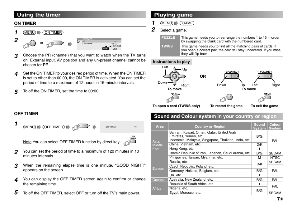 Using the timer, On timer, Off timer | Playing game, Sound and colour system in your country or region, 7using the timer playing game | JVC AV-14UMG7 User Manual | Page 7 / 8