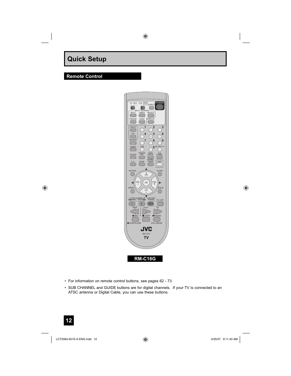 Remote control, Quick setup, Rm-c18g | JVC HD-70A478 User Manual | Page 12 / 88