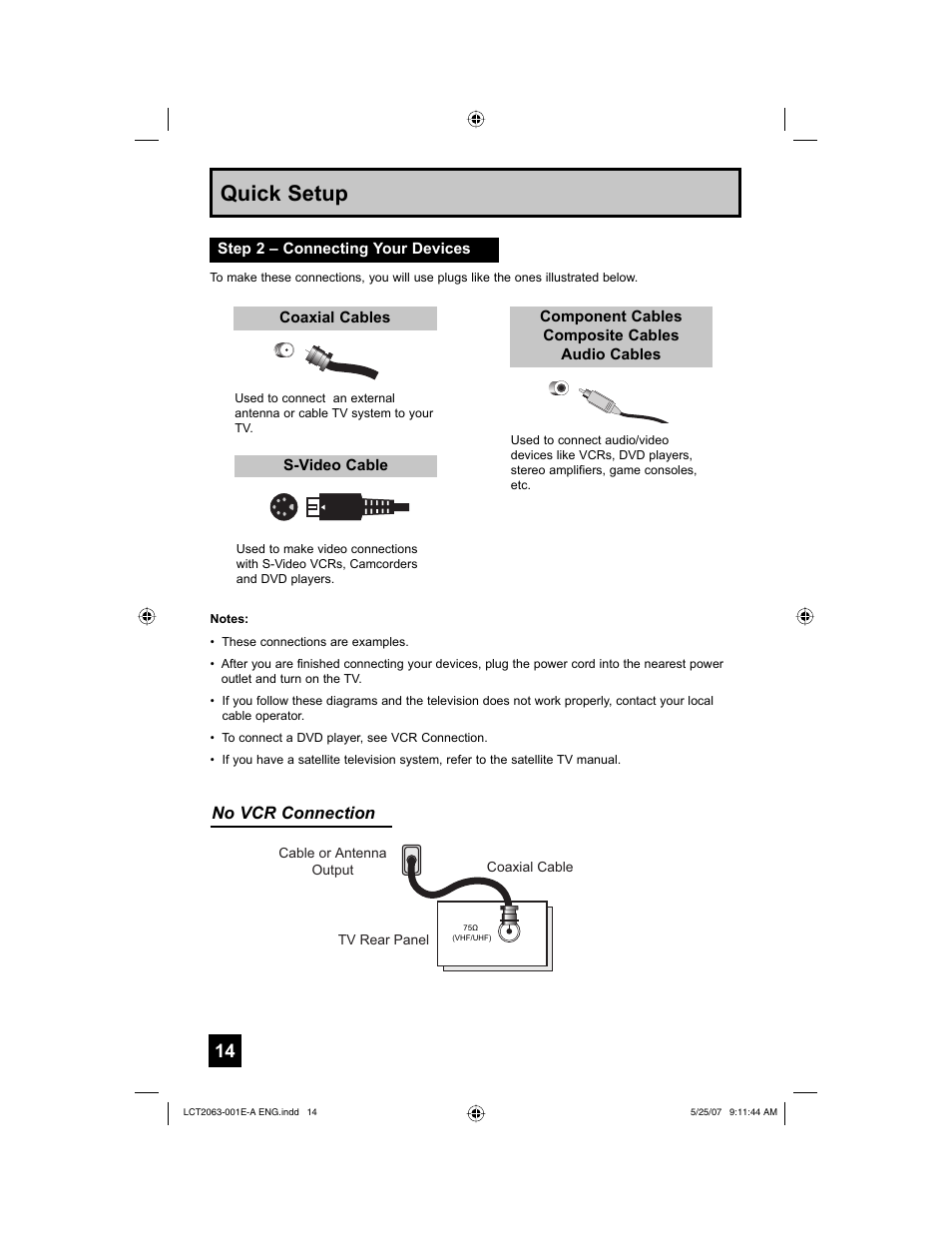 Step 2 – connecting your devices, Quick setup, No vcr connection | JVC HD-70A478 User Manual | Page 14 / 88