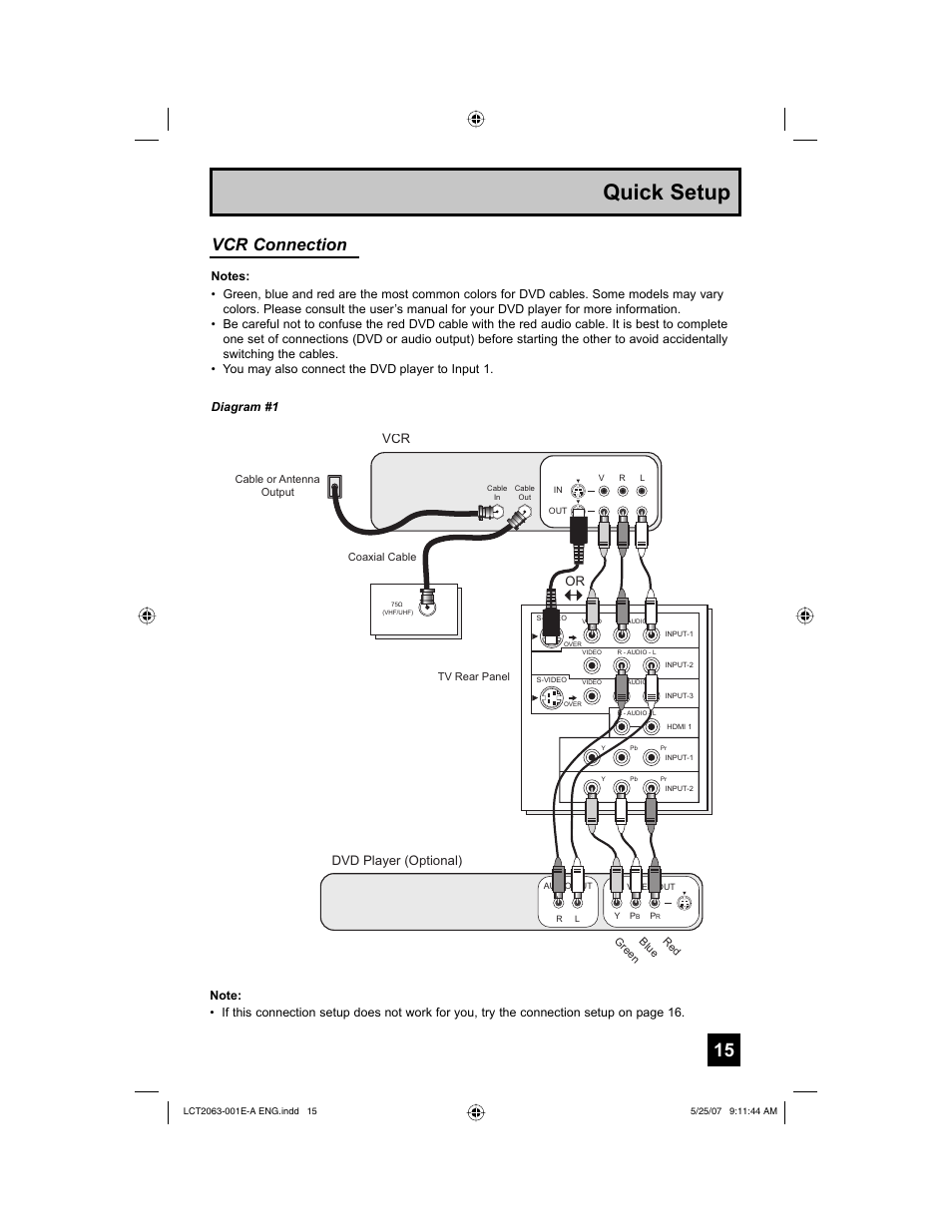 Quick setup, Vcr connection, Dvd player (optional) | JVC HD-70A478 User Manual | Page 15 / 88